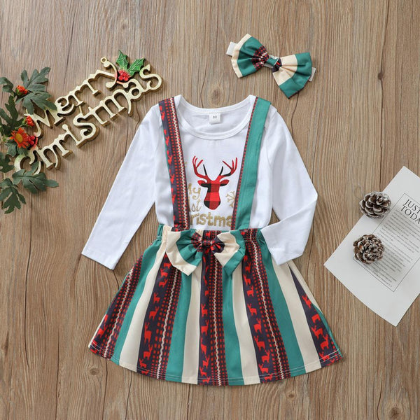 Autumn and Winter Christmas Letter Romper Striped Suspender Skirt Bow Wholesale Girls Clothes