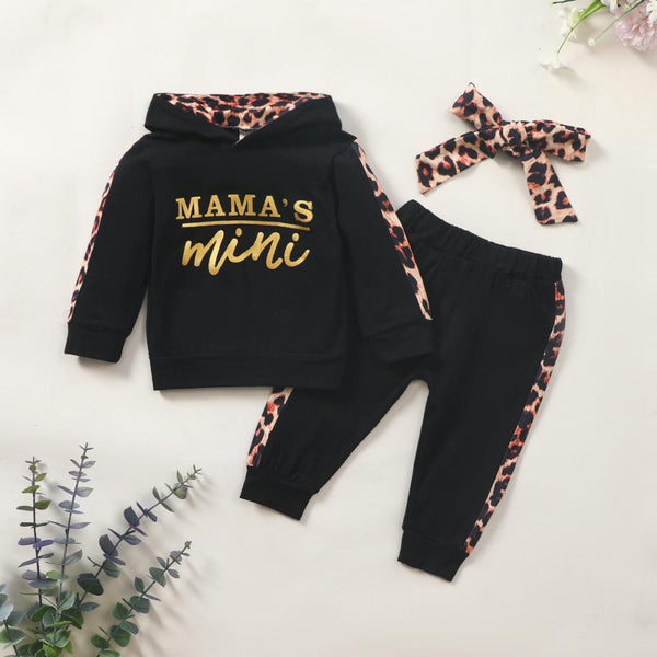 Kids Letter Print Long Sleeve Leopard Print Hooded Trousers Set Wholesale Baby Children Clothes