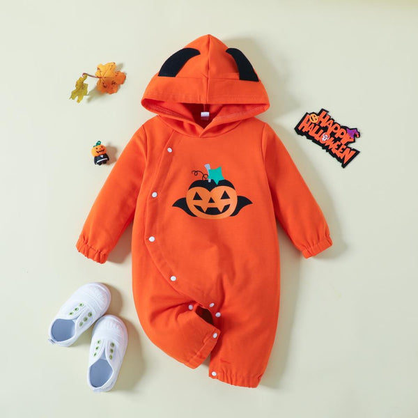 Autumn Halloween Kids Romper Print Hooded Jumpsuit Baby Boutique Clothes Wholesale