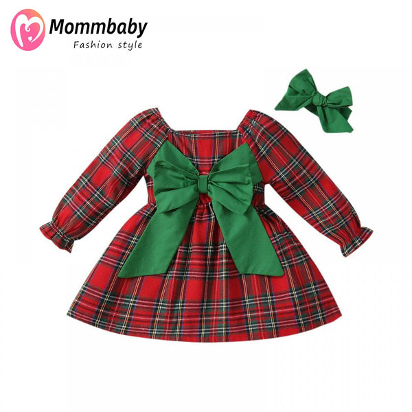 Mommbaby Christmas Girls Autumn and Winter Princess Bow Plaid Dress Kids Clothes