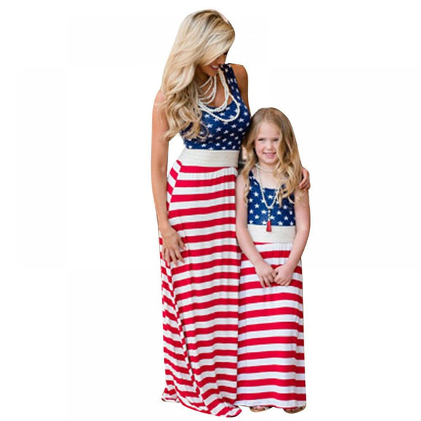 Mother And Daughter Dress Summer European And American Style Independence Day Flag Dress Mommy And Me Matching Outfits Wholesale