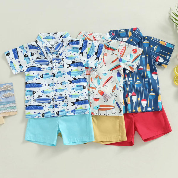 Boy Summer Short Sleeve Printed Shirt Solid Color Shorts Casual Two-piece Set Wholesale Boys Clothes