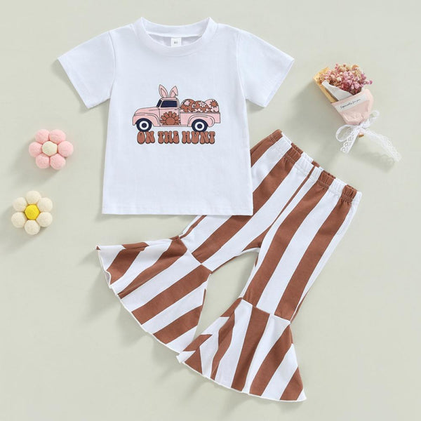 Easter Girls Set 2-piece Cartoon Rabbit Short Sleeve T-shirt Striped Bell Bottoms Wholesale Girls Clothes
