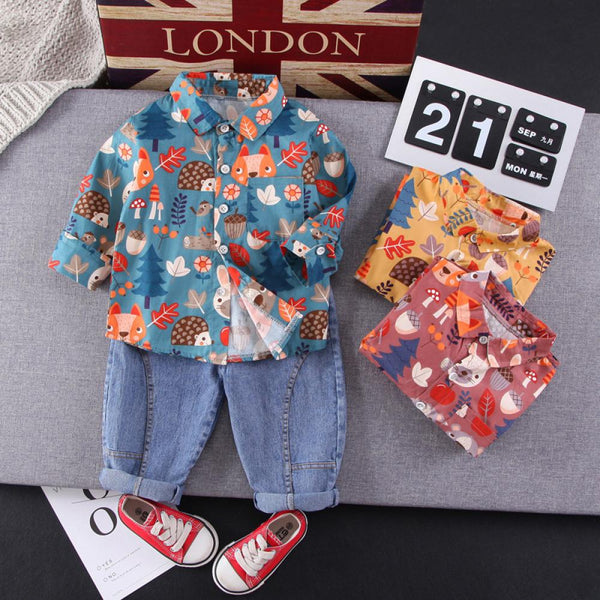 Boys Flower Shirt Set Lapel Long Sleeve Set Western Style Autumn Jeans Set Wholesale Baby Clothes