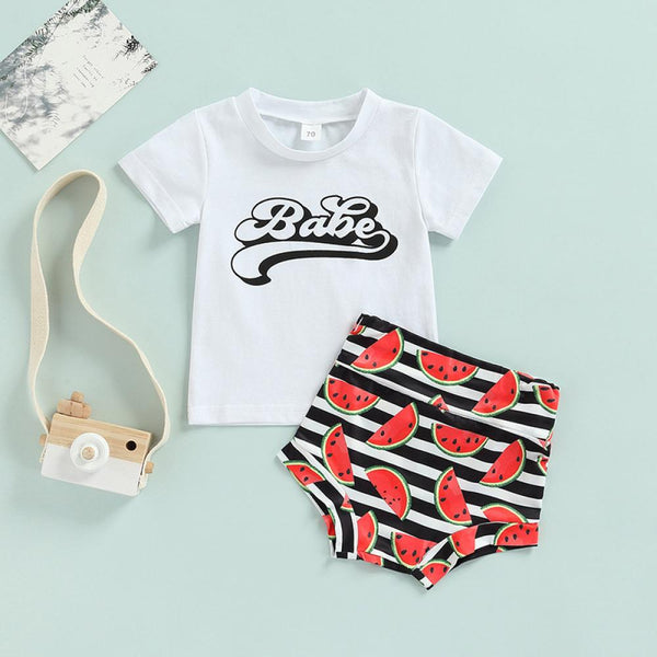 Baby Girls Summer Babe Printed T-shirt And Watermelon Printed Shorts Set Baby Boutique Clothes Wholesale