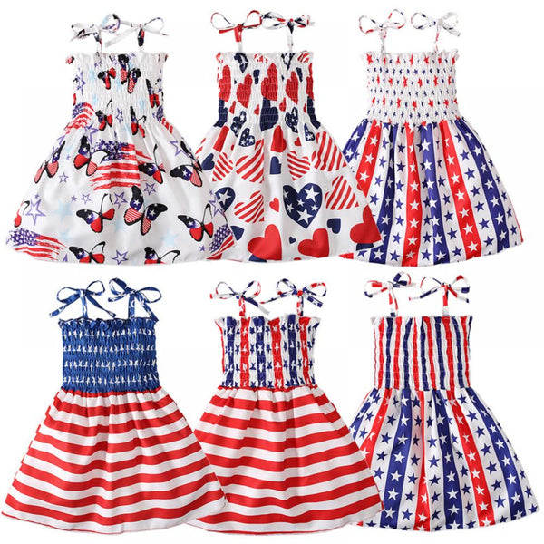Toddler Girls Summer Independence Day Print Sling Cute Fashion Comfortable Dress Wholesale Kids Clothing USA
