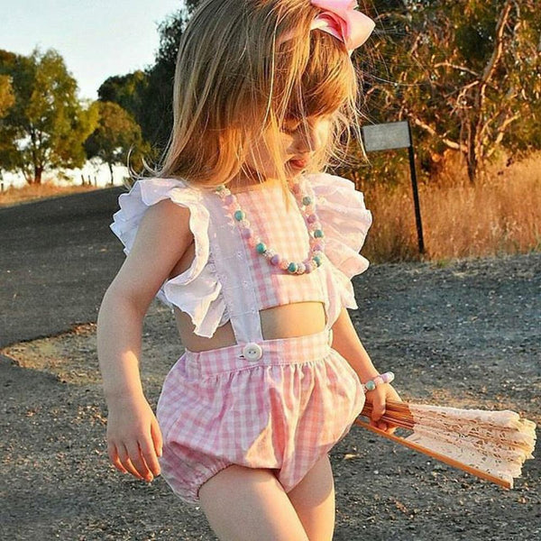 Baby Girls Summer Plaid Fly-sleeve One-piece Romper Baby Rompers Wholesale
