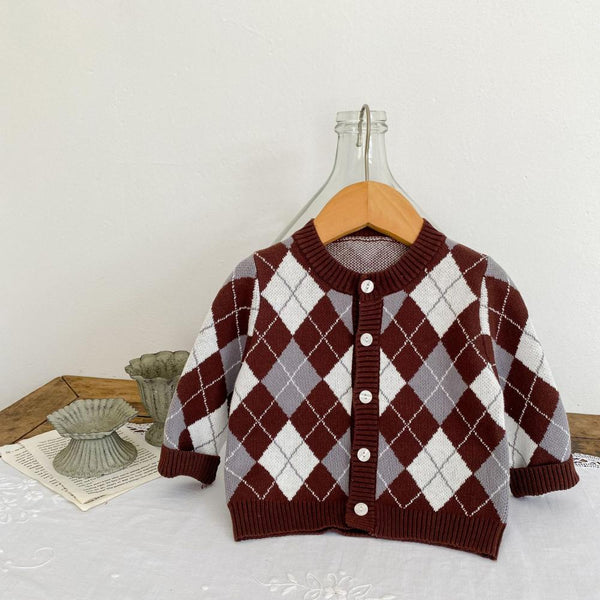Unisex Autumn Winter Sweater Baby Plaid Knitted Cardigan Coat Wholesale