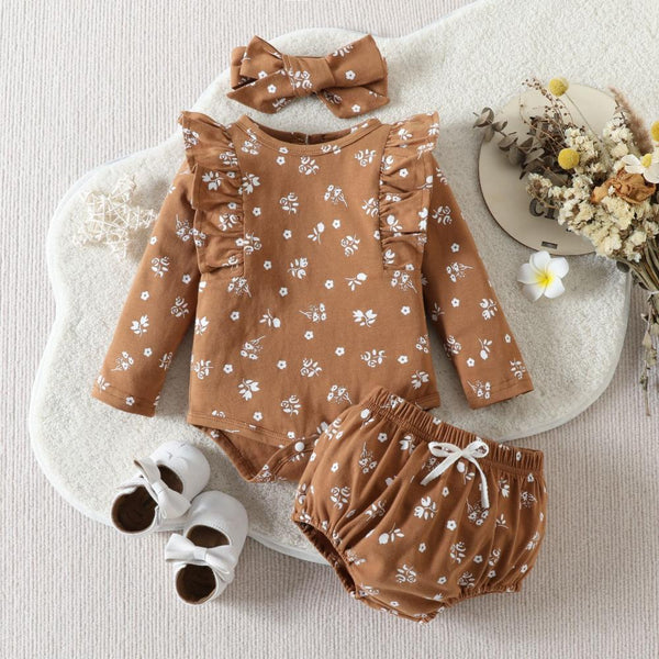Baby Girls Long-sleeve Floral Romper + Shorts Set Wholesale Girls Clothes