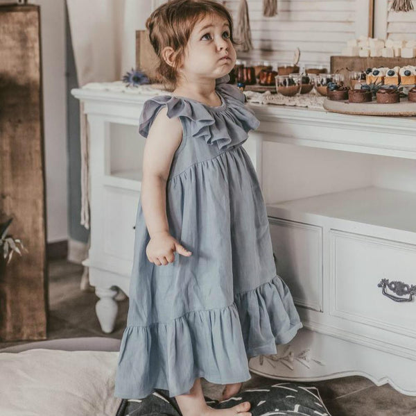 1~6Y Summer New Solid Color Girls Dress Cotton Linen Loose And Comfortable Pleated Skirt Children's Dress Wholesale Kids Clothes
