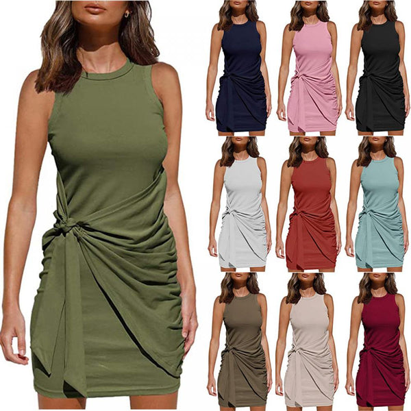 Women Dress Summer Sleeveless Round Neck Bow Irregular Belt Dress Wholesale Wowen Clothing