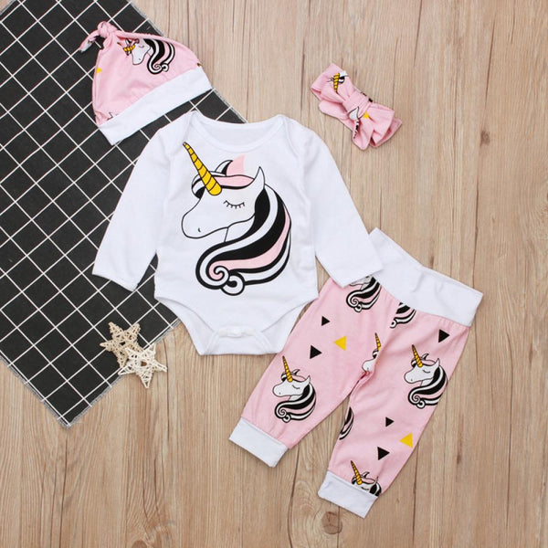 Girls Unicorn Long-sleeved Khaki + Pants Hat Scarf Set Baby Wholesale Clothes