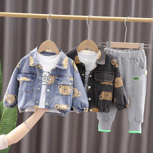 Baby Boys Bear Denim Jacket and Top and Pannts Set Boys Wholesale Clothing