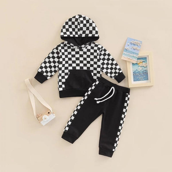Baby Boy Plaid Hooded Top + Trousers Set Wholesale Boys Clothes