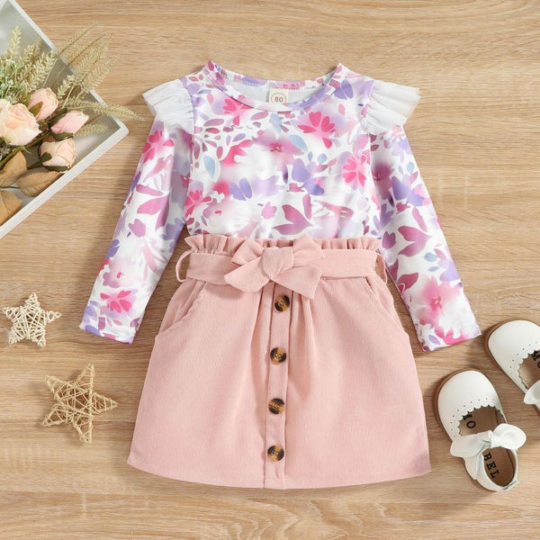 Girls Autumn and Winter Mesh Flying Sleeves Printed T Corduroy Skirt Two-piece Set Wholesale Girls Clothes