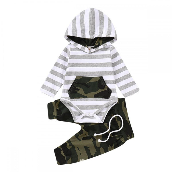 Baby Boys Romper Set Stripe Hoodie Jumpsuit and Camo Pants Set wholesale baby boy clothes