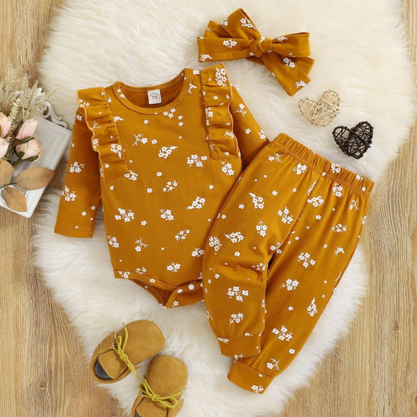 Autumn and Winter Printed Long-sleeved Romper Trousers Three-piece Baby Girl Suit Wholesale