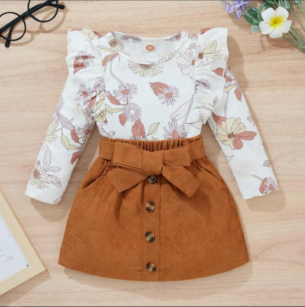 Autumn Baby Girl Print Long-sleeve Top +Corduroy Skirt Set Wholesale Girls Clothes