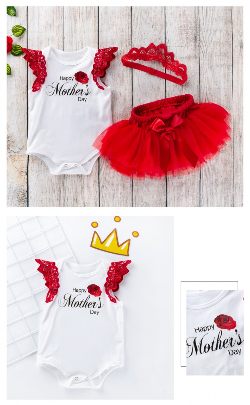 Mother's Day Gift Baby Costume Cartoon I Love Mom Wings Romper Red Princess Dress Suit Wholesale Baby Clothes