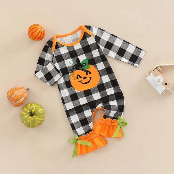 Spring Autumn Baby Halloween Plaid Pumpkin Long Sleeve Romper Wholesale Baby Clothes