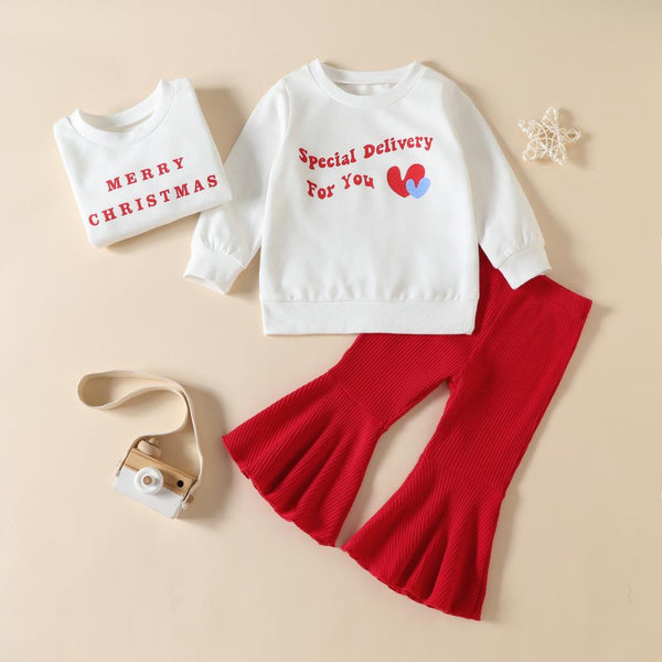 Baby Girl Christmas Letter Top + Pit Strip Flared Pants Set Wholesale Girls Clothes