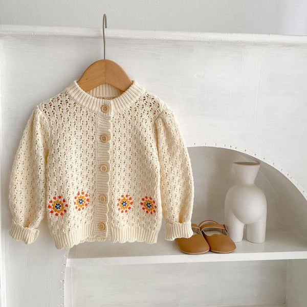 Spring Baby Crewneck Flower Embroidered Knitted Cotton Long Sleeve Cardigan Jacket Wholesale Girls Clothes