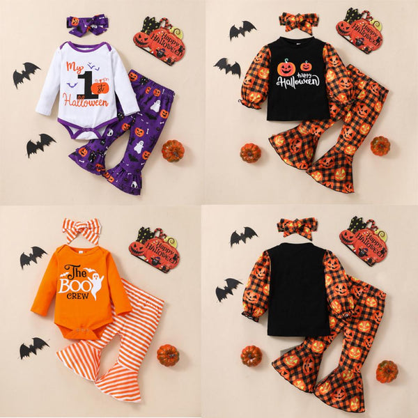 Halloween Pumpkin Print Flared Pants + Hairband Girls Three-piece Set Baby Wholesale Clothes