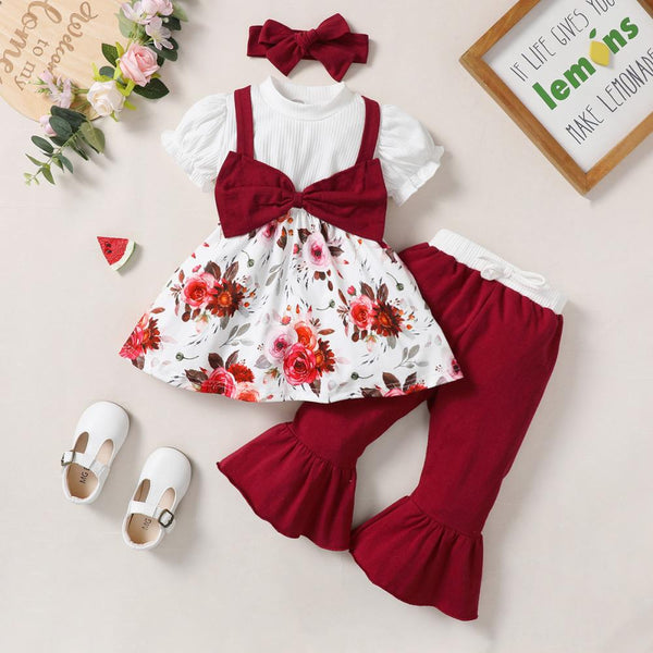 Girls Short Sleeve Bow Top Flared Pants Suit Fake Suspender Culottes Suit Wholesale Girl Clothes