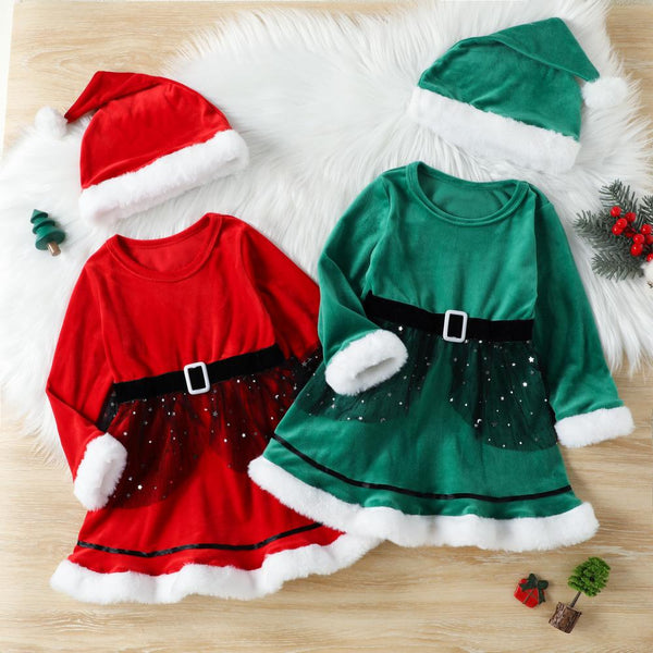 Winter Girls Christmas Hat Plush Long Sleeve Dress Wholesale