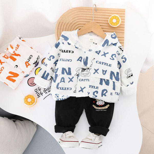 Boys Western Style Cartoon Hooded Suit Spring and Autumn Three Piece Set Wholesale Baby Boys Clothes
