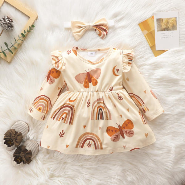 Baby Girl Dress Baby Rainbow Long Sleeve Dress Bow Wholesale Baby Girl Clothes