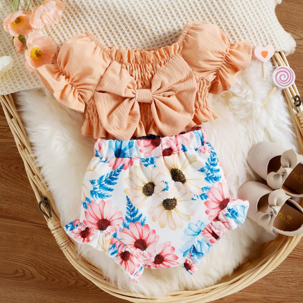 Puff Sleeve Bow Top Print Sweet Shorts Two-Piece Set Wholesale Baby Clothes