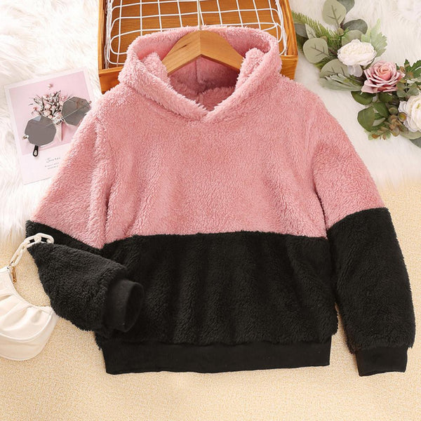 Girls Autumn Hooded Sweater Color-block Cute Plush Coat Wholesale Girls Clothes