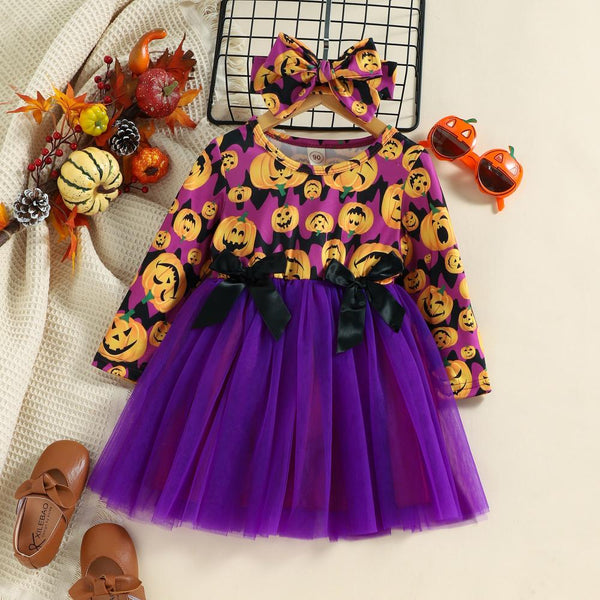 Halloween Kids Autumn Pumpkin Smile Face Print Purple Girls Dress Wholesale