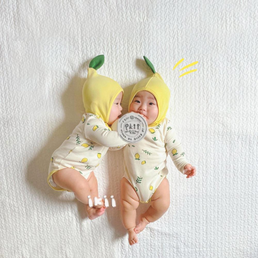 Newborn Baby Summer Lemon Printed Romper and Hat Set Baby Clothing Cheap Wholesale