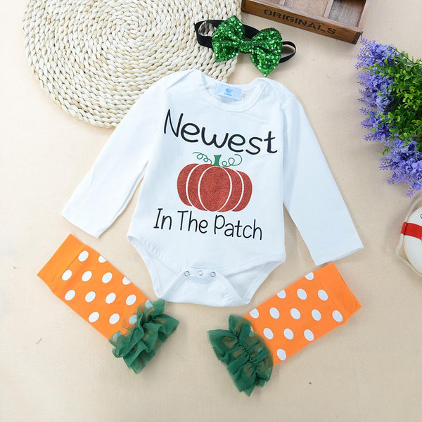 Halloween Baby Pumpkin Long Sleeve Romper + Lace Socks + Headband Baby Clothes In Bulk