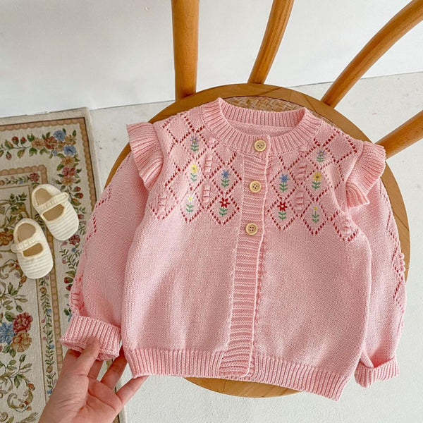 Spring Baby Girl Children Small Flying Sleeve Diamond Embroidered Knitted Cotton Jacket Long Sleeve Cardigan Wholesale