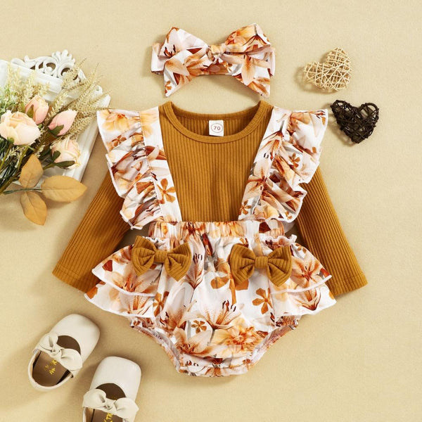 Autumn and Winter Baby Girl Long-sleeved Suspender Bag Fart Pants Romper Three-piece Suit Wholesale