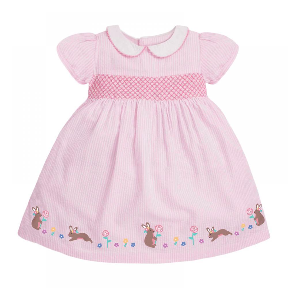 Toddler Girls Dress Summer Pink Stripe Rabbit Printed Easter Dress Wholesale Little Girl Dresses