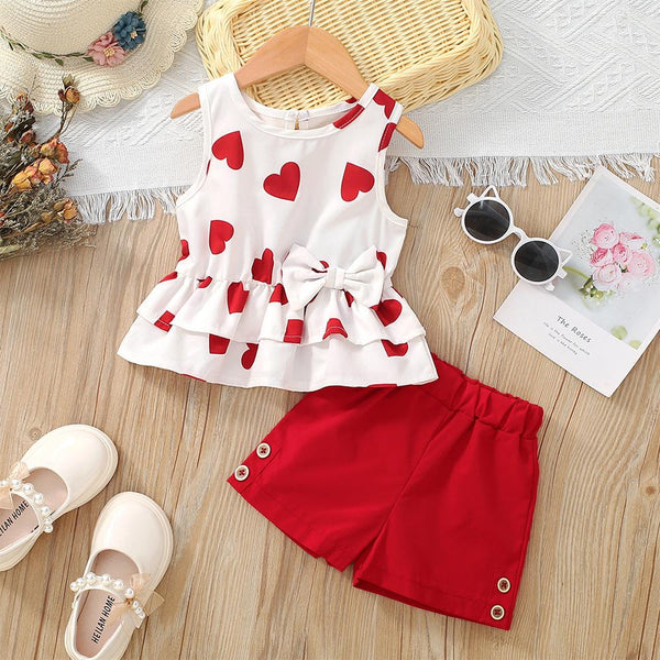 Girls Summer Love Sleeveless Vest Shorts Two-piece Suit Wholesale