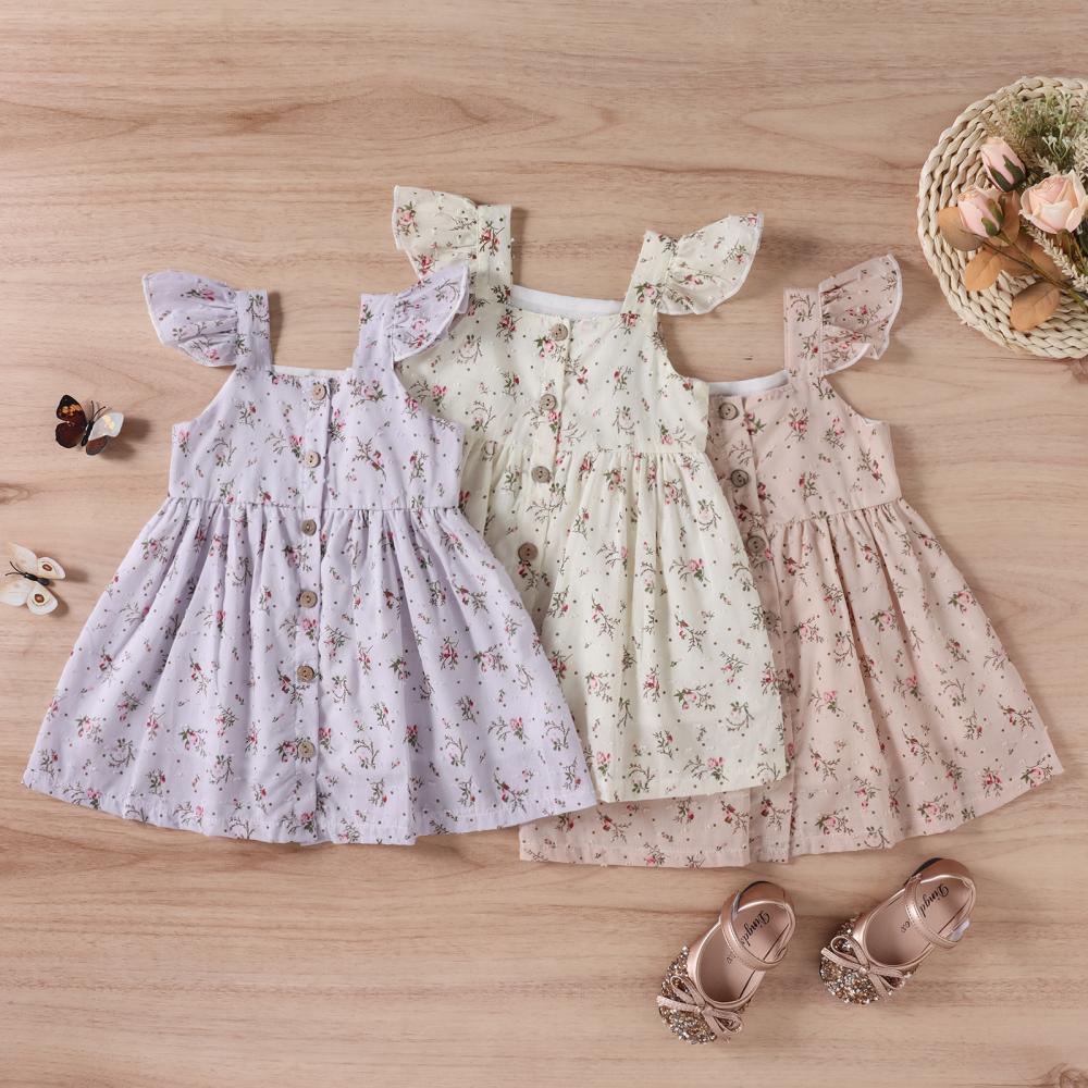 Toddler Girls Fly Sleeve Floral Dress Baby Girl Clothes Wholesale