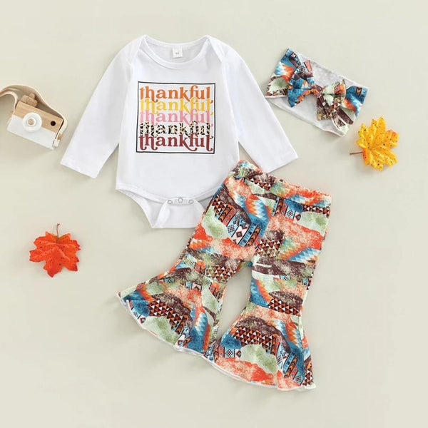 Thanksgiving Set Baby Letter Print Flared Trousers Headgear Three-Piece Set Wholesale Baby Clothes