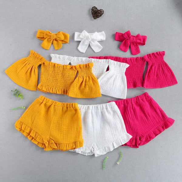 Toddler Girls Set Europe And The United States Style Summer Off-the-shoulder Flared-sleeve Top + Shorts + Headband  Three-piece Set