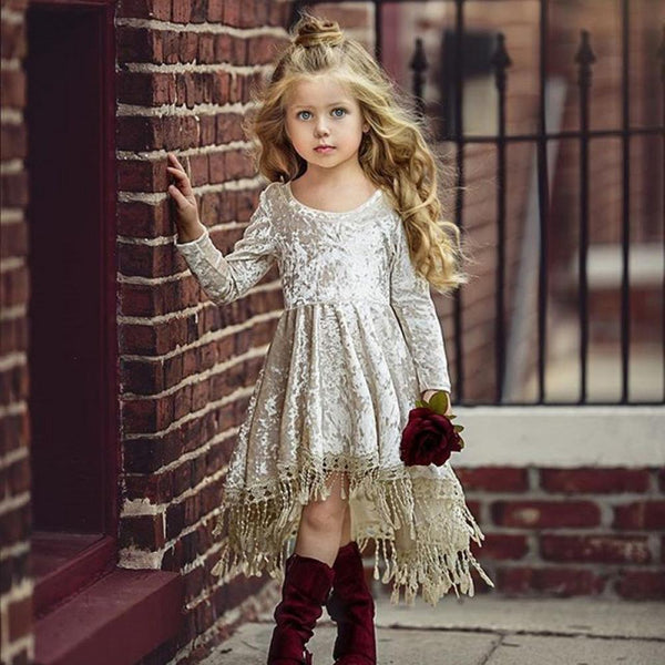 Spring and Autumn Girls Gold Velvet Long Sleeve Dress Tassel Tuxedo Skirt Wholesale Girl Dress
