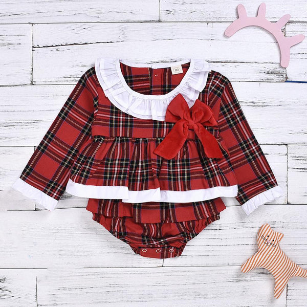 Baby Girl Spring and Autumn Long-sleeved Bow Plaid Christmas Romper Wholesale Baby Girl Clothes