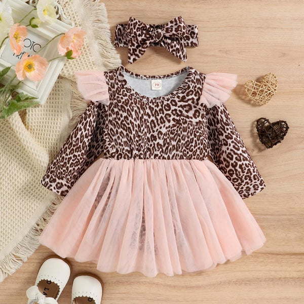 Baby Triangle Romper Autumn and Winter Girls Long Sleeve Leopard Print Mesh Skirt Baby Clothes Wholesale