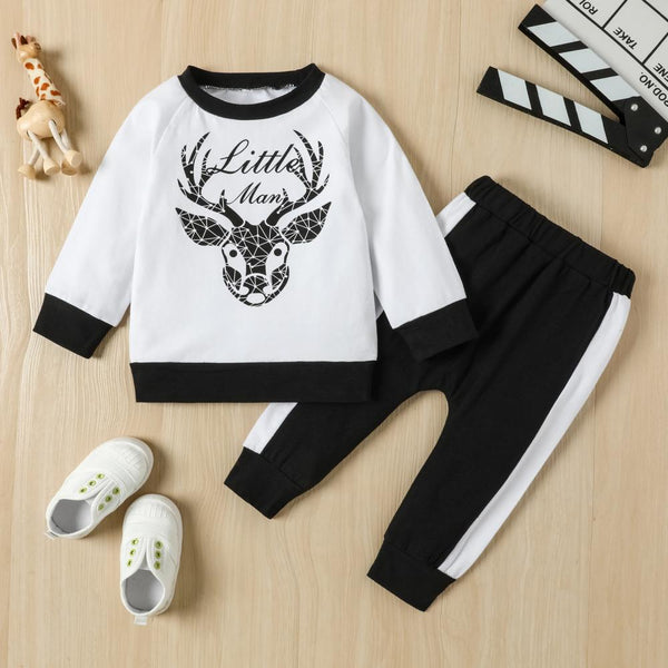 Infant Boys Autumn Deer Head Letter Print Sweater Stitching Two-piece Set Wholesale Baby Clothes