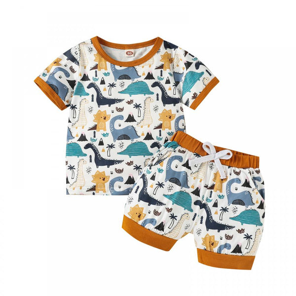 1-5Y Toddler Boy Set Summer Short Sleeve Shorts Dinosaur Print Contrast Color Two-Piece Set Wholesale Kids Clothing USA