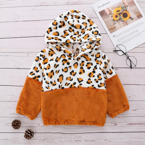 Autumn And Winter Padded Flannel Leopard Print Color Matching Pullover Sweater Children's Hooded Sweater Wholesale