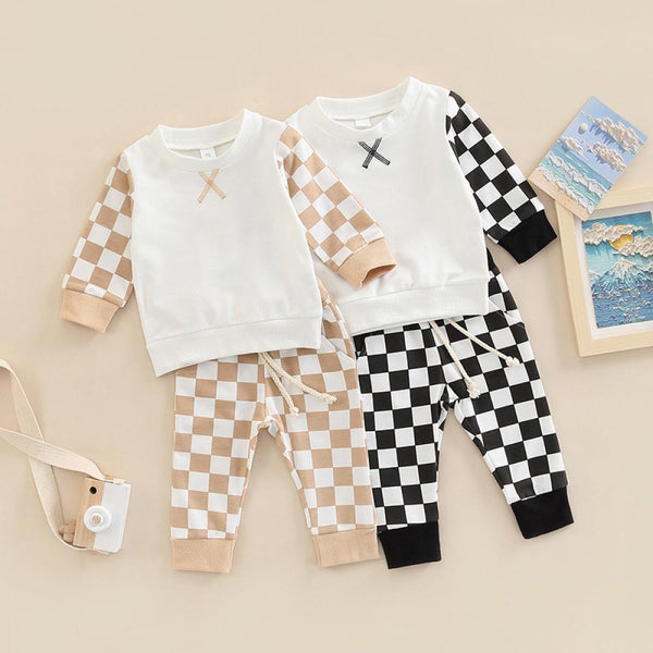 Unisex Baby Cotton Checkerboard Top + Pants Set Wholesale Baby Clothes